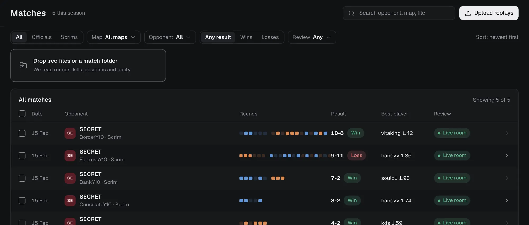 The match library: five matches against Secret on four maps, each with a strip of round results, the score and the best player.