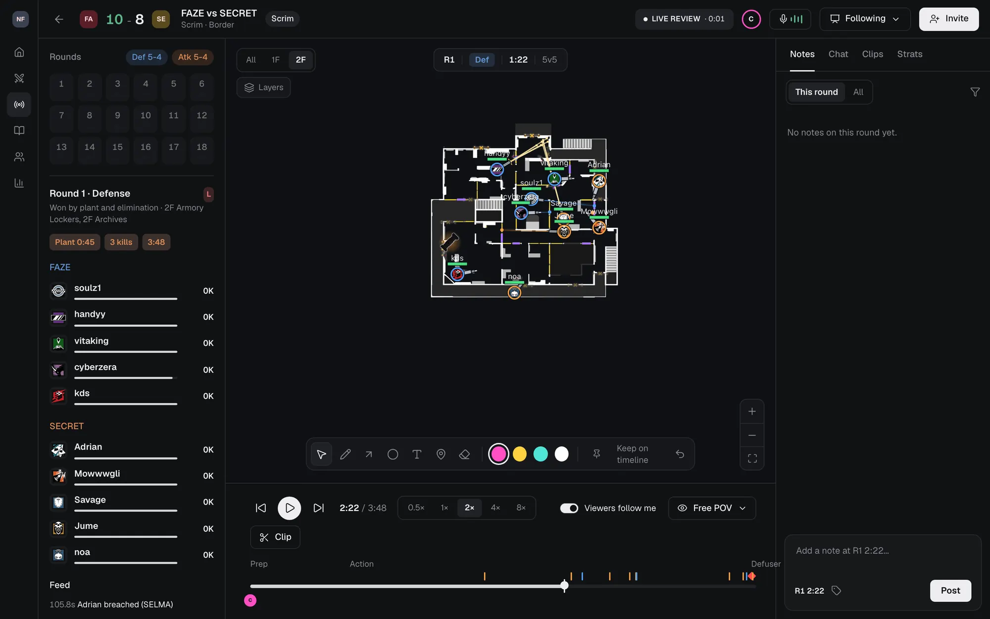 The review room on Border: the round list on the left, the 2D floor plan with ten players in the middle, notes on the right and a timeline with kill markers at the bottom.