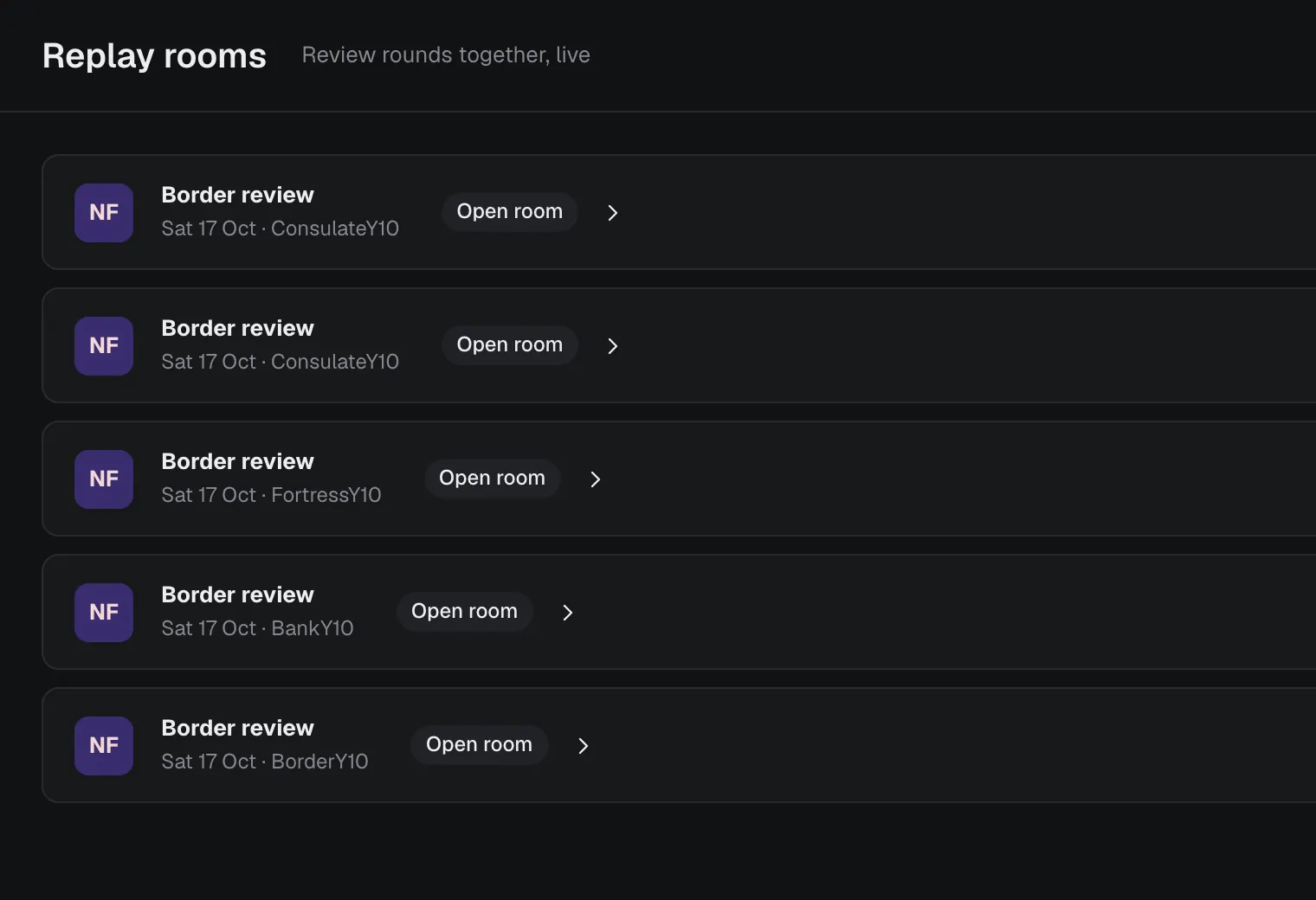 The list of replay rooms for a team, one room per reviewed match, each with an Open room button.